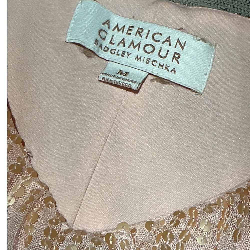 American Glamour Badgley Mischka Pink Mesh Sequin Ruffle Midi Dress  Medium - Picture 6 of 8